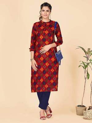 Red Printed Rayon Straight Stitched Kurta 1