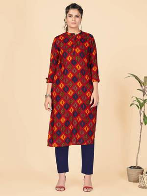 Red Printed Rayon Straight Stitched Kurta 2
