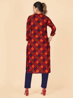 Red Printed Rayon Straight Stitched Kurta 3