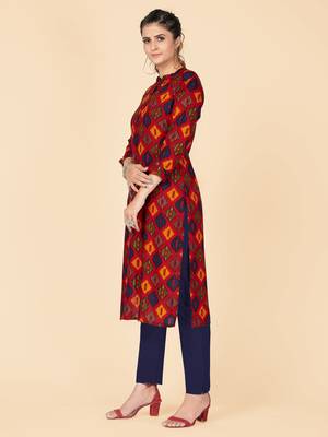 Red Printed Rayon Straight Stitched Kurta 4