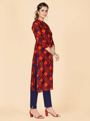 Red Printed Rayon Straight Stitched Kurta 5