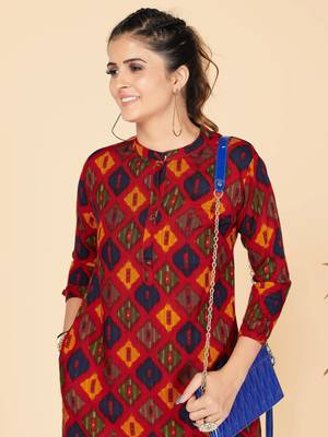 Red Printed Rayon Straight Stitched Kurta 6