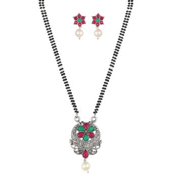 Ethnic Oxidized Floral Design Mangalsutra with Matching Earring Set for Women 1