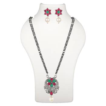 Ethnic Oxidized Floral Design Mangalsutra with Matching Earring Set for Women 2