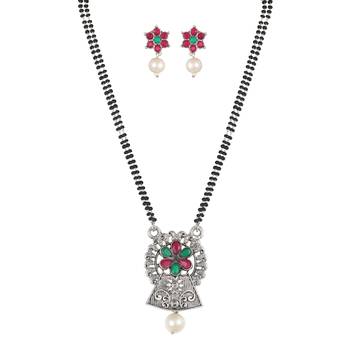 Ethnic Oxidized Floral Design Mangalsutra with Matching Earring Set for Women 1