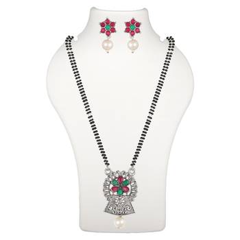 Ethnic Oxidized Floral Design Mangalsutra with Matching Earring Set for Women 2
