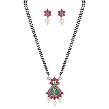 Ethnic Oxidized Floral Design Mangalsutra with Matching Earring Set for Women 1