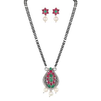 Ethnic Oxidized Floral Design Mangalsutra with Matching Earring Set for Women 1
