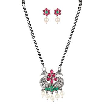 Ethnic Oxidized Floral Design Mangalsutra with Matching Earring Set for Women 1
