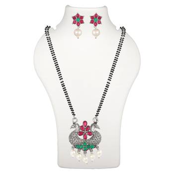 Ethnic Oxidized Floral Design Mangalsutra with Matching Earring Set for Women 2