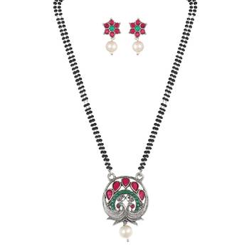 Ethnic Oxidized Floral Design Mangalsutra with Matching Earring Set for Women 1