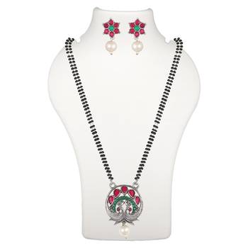Ethnic Oxidized Floral Design Mangalsutra with Matching Earring Set for Women 2