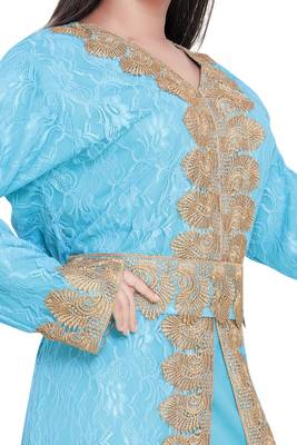 Sale Sky Blue Dubai Moroccan Net Kaftan Style Lais Jackit Kaftan Dress  2