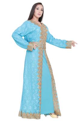 Sale Sky Blue Dubai Moroccan Net Kaftan Style Lais Jackit Kaftan Dress  3