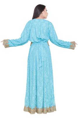 Sale Sky Blue Dubai Moroccan Net Kaftan Style Lais Jackit Kaftan Dress  4
