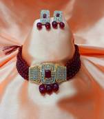 Red Brass Base Gold Plated Polish American Diamond High End Beaded Choker Necklace Jewellery set