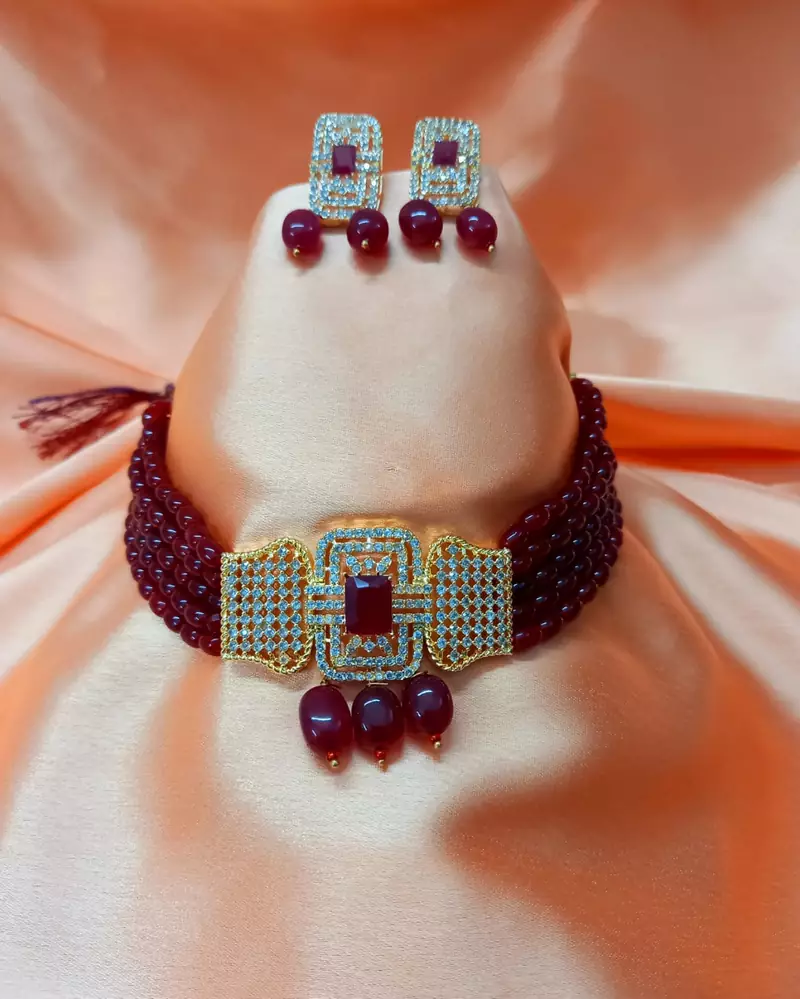 Red Brass Base Gold Plated Polish American Diamond High End Beaded Choker Necklace Jewellery set