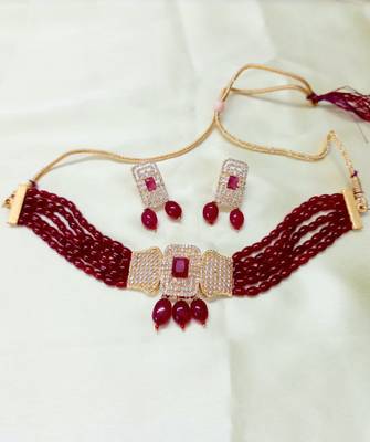 Red Brass Base Gold Plated Polish American Diamond High End Beaded Choker Necklace Jewellery set 2
