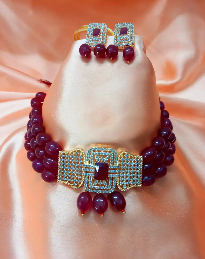 Red Brass Base Gold Plated Polish American Diamond High End Beaded Choker Necklace Jewellery set