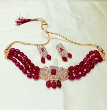 Red Brass Base Gold Plated Polish American Diamond High End Beaded Choker Necklace Jewellery set 2