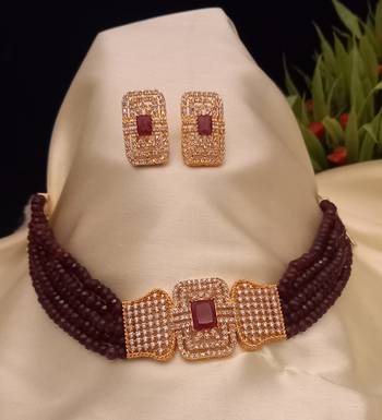 Red Copper Gold Plated American Diamond with Onyx Semi Precious Stone Beading Choker Jewellery Necklace for Women 1
