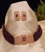 Red Copper Gold Plated American Diamond with Onyx Semi Precious Stone Beading Choker Jewellery Necklace for Women