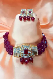 Red Brass Base Gold Plated Polish American Diamond High End Beaded Choker Necklace Jewellery set