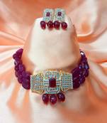 Red Brass Base Gold Plated Polish American Diamond High End Beaded Choker Necklace Jewellery set