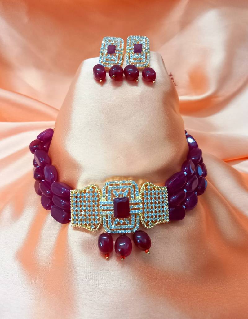 Red Brass Base Gold Plated Polish American Diamond High End Beaded Choker Necklace Jewellery set