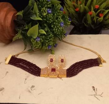 Red Copper Gold Plated American Diamond with Onyx Semi Precious Stone Beading Choker Jewellery Necklace for Women 2