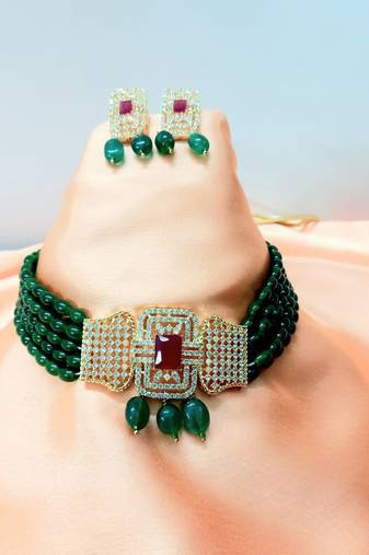 Green Brass Base Gold Plated Polish American Diamond High End Beaded Choker Necklace Jewellery set