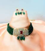 Green Copper Gold Plated American Diamond with Onyx Semi Precious Stone Beading Choker Jewellery Necklace for Women
