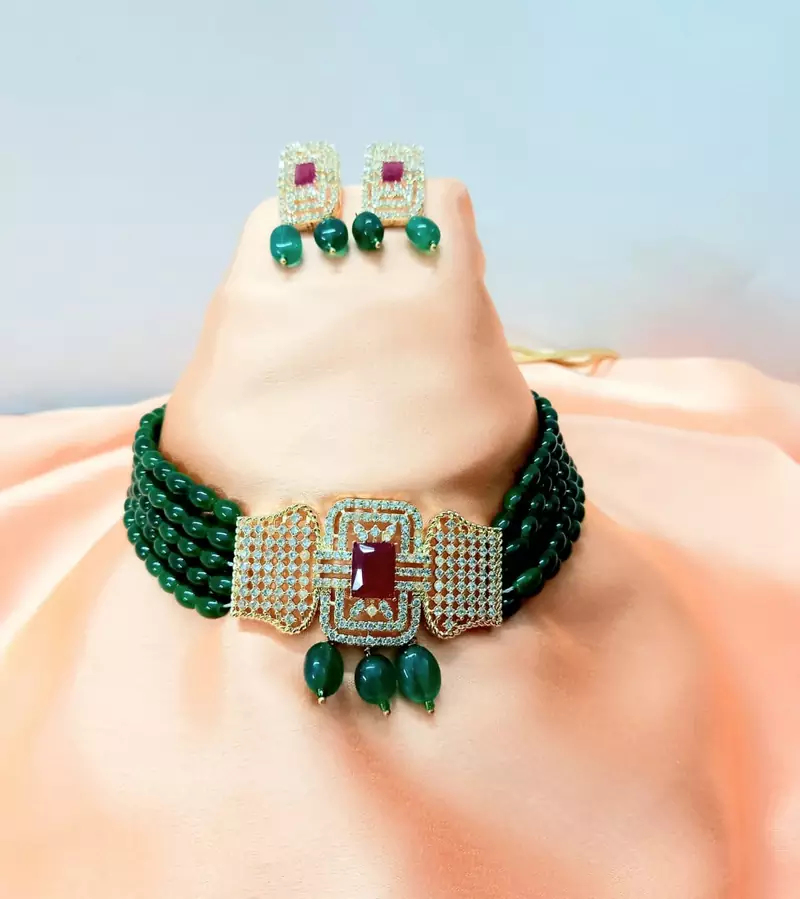 Green Brass Base Gold Plated Polish American Diamond High End Beaded Choker Necklace Jewellery set