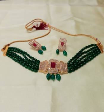 Green Copper Gold Plated American Diamond with Onyx Semi Precious Stone Beading Choker Jewellery Necklace for Women 2