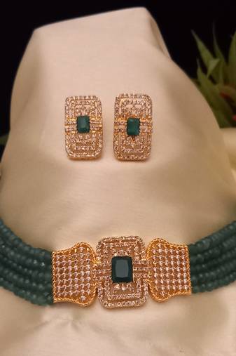 Green Brass Base Gold Plated Polish American Diamond High End Beaded Choker Necklace Jewellery set