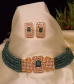 Green Brass Base Gold Plated Polish American Diamond High End Beaded Choker Necklace Jewellery set