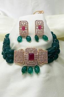 Green Brass Base Gold Plated Polish American Diamond High End Beaded Choker Necklace Jewellery set