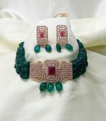 Green Brass Base Gold Plated Polish American Diamond High End Beaded Choker Necklace Jewellery set