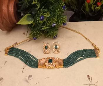 Green Brass Base Gold Plated Polish American Diamond High End Beaded Choker Necklace Jewellery set 2