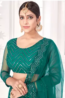 Dark-green embroidered net semi stitched lehenga