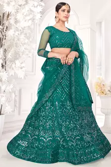 Dark-green embroidered net semi stitched lehenga