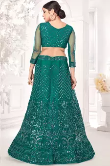Dark-green embroidered net semi stitched lehenga