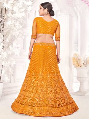Mustard embroidered net semi stitched lehenga 4