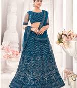 Teal embroidered net semi stitched lehenga