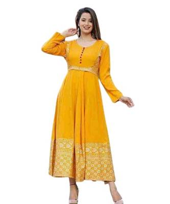 Yellow Rayon Printed stitched  KurtI 3