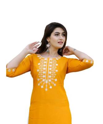 Yellow Rayon embroidered stitched  KurtI 2
