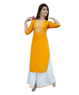 Yellow Rayon embroidered stitched  KurtI 1