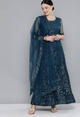Kvsfab Teal Embellished Sequinned Semi-Stitched Lehenga & Unstitched Blouse With Dupatta 1