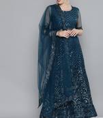Kvsfab Teal Embellished Sequinned Semi-Stitched Lehenga & Unstitched Blouse With Dupatta