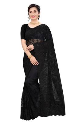 Black plain net saree with blouse 1